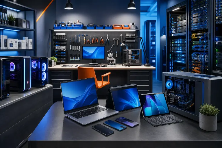 Tech repair shop with laptops, tablets, phones, gaming PCs, server rack, workbench with tools, and blue LED lighting Tech repair shop with laptops, tablets, phones, gaming PCs, server rack, workbench with tools, and blue LED lighting
