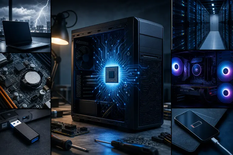 Collage of PC hardware: glowing tower case, motherboard closeup, USB drive, RGB fans, server room, laptop in storm, dead phone Collage of PC hardware: glowing tower case, motherboard closeup, USB drive, RGB fans, server room, laptop in storm, dead phone