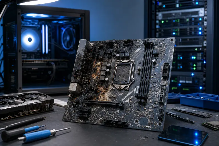 Severely fire-damaged motherboard with charred burn marks around CPU socket, displayed on a tech workbench with tools nearby. Severely fire-damaged motherboard with charred burn marks around CPU socket, displayed on a tech workbench with tools nearby.