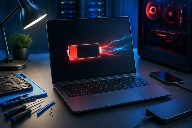 Laptop on dark desk displaying low battery icon with red/blue lightning bolts, surrounded by repair tools and PC hardware. Laptop on dark desk displaying low battery icon with red/blue lightning bolts, surrounded by repair tools and PC hardware.