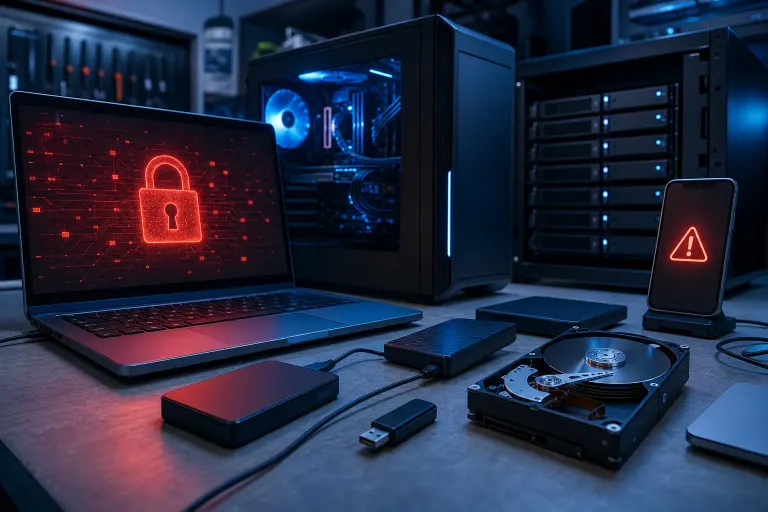 Laptop displaying red padlock ransomware warning, with hard drives, USB drive, external drives, and phone showing alert icon. Laptop displaying red padlock ransomware warning, with hard drives, USB drive, external drives, and phone showing alert icon.