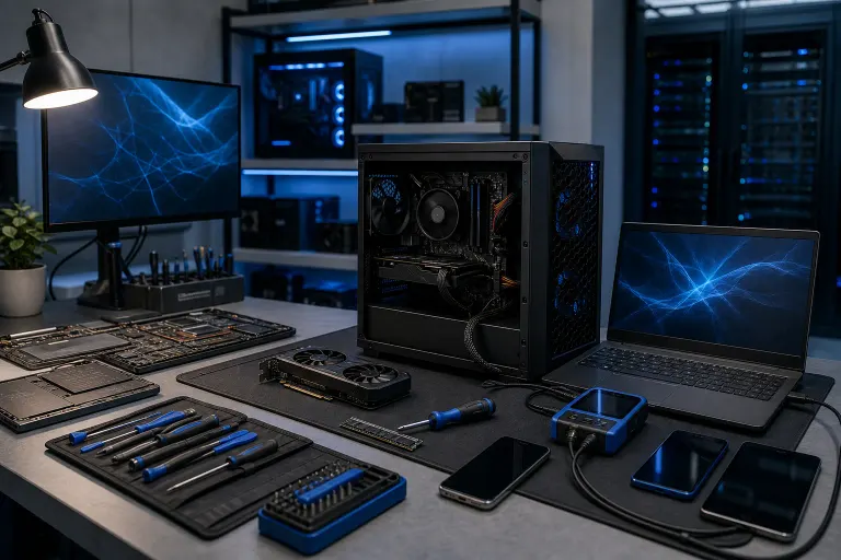 Tech workbench with open PC case, GPU, RAM, screwdrivers, laptop, smartphones, and external drive under blue lighting Tech workbench with open PC case, GPU, RAM, screwdrivers, laptop, smartphones, and external drive under blue lighting
