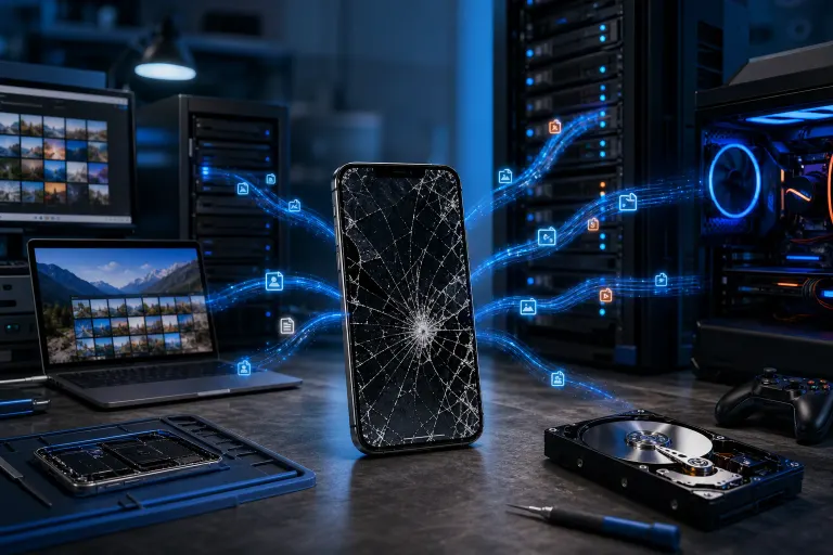 Cracked smartphone emitting glowing blue data streams toward laptops, servers, and an exposed hard drive in a dark lab. Cracked smartphone emitting glowing blue data streams toward laptops, servers, and an exposed hard drive in a dark lab.