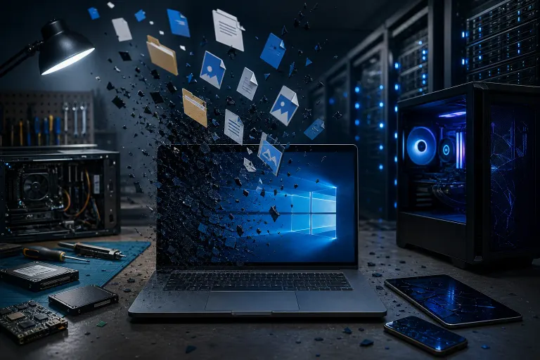 Laptop showing Windows logo with files and folders flying out, surrounded by PC hardware, server racks, and repair tools. Laptop showing Windows logo with files and folders flying out, surrounded by PC hardware, server racks, and repair tools.