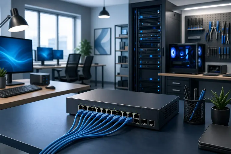A network switch with blue Ethernet cables on a desk, server rack and workstations visible in a professional office background. A network switch with blue Ethernet cables on a desk, server rack and workstations visible in a professional office background.