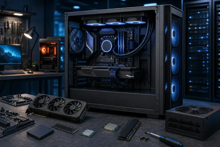 Open black ATX PC tower with blue RGB lighting, liquid cooler, and GPU; components laid out on desk nearby. Open black ATX PC tower with blue RGB lighting, liquid cooler, and GPU; components laid out on desk nearby.