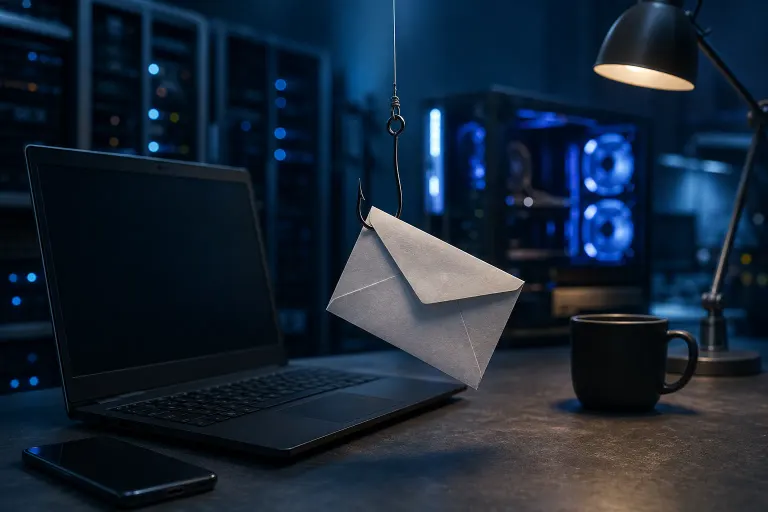 A fishing hook piercing an envelope suspended above a laptop, phone, and coffee cup in a dark server room. A fishing hook piercing an envelope suspended above a laptop, phone, and coffee cup in a dark server room.