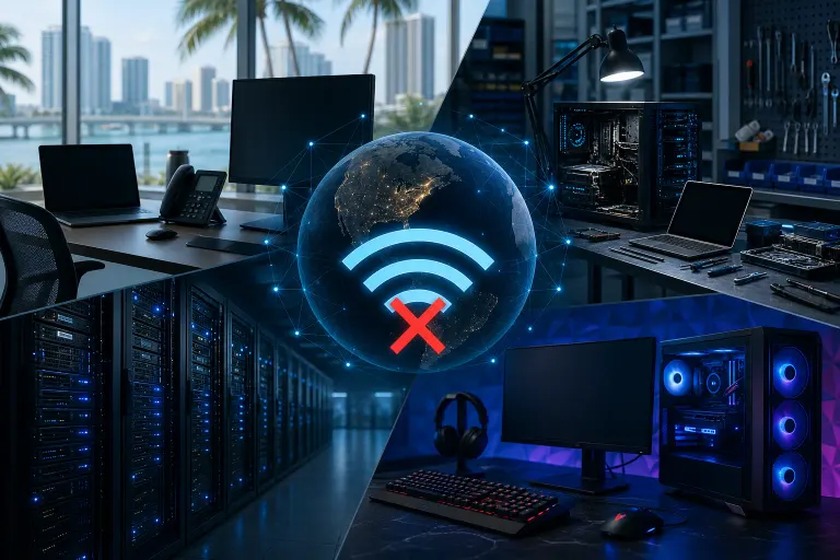 Four-panel composite: office with Miami skyline, server room, PC repair bench, gaming PC setup, centered on a globe with a no-WiFi icon. Four-panel composite: office with Miami skyline, server room, PC repair bench, gaming PC setup, centered on a globe with a no-WiFi icon.
