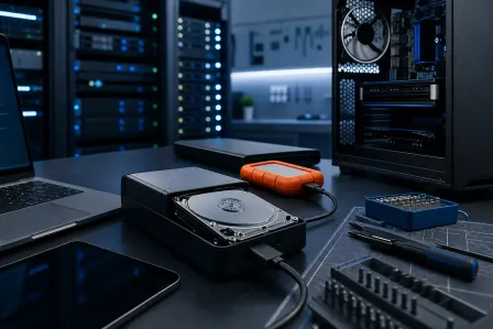 Open HDD in enclosure connected via USB on a dark desk, with external drives, laptop, PC case, and screwdrivers nearby. Open HDD in enclosure connected via USB on a dark desk, with external drives, laptop, PC case, and screwdrivers nearby.
