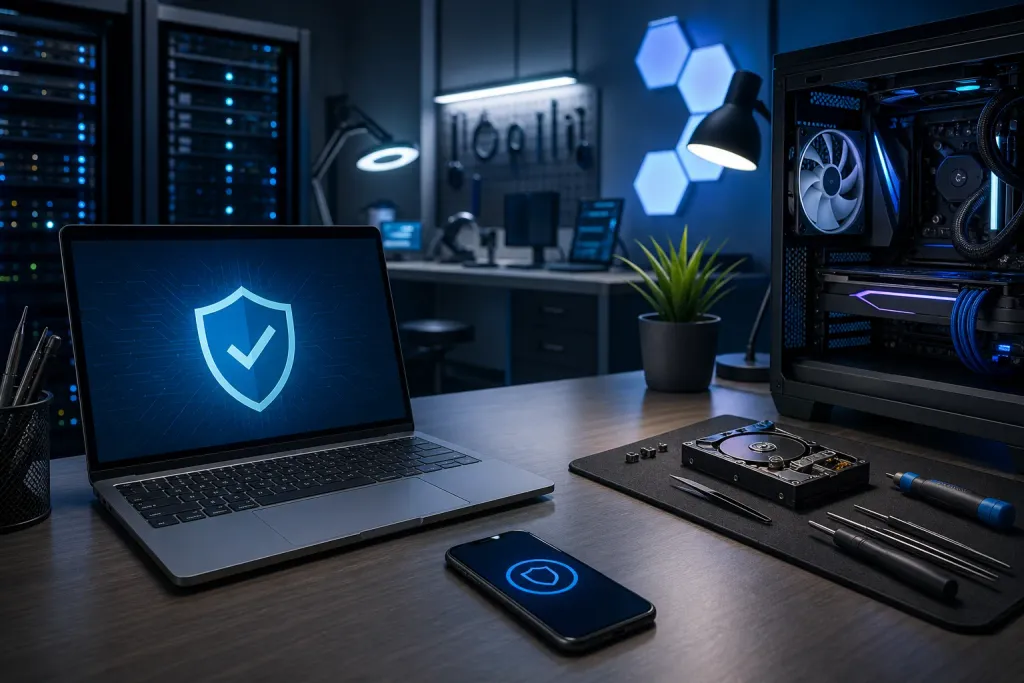 Dark tech workspace with laptop showing security shield, smartphone, open PC case, hard drive, and repair tools on desk Dark tech workspace with laptop showing security shield, smartphone, open PC case, hard drive, and repair tools on desk