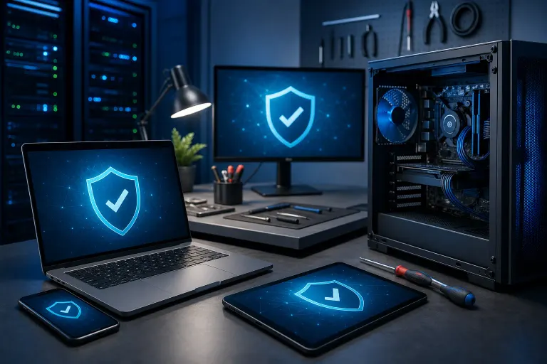 Laptop, tablet, phone, and desktop PC displaying glowing blue security shield icons on a dark tech workbench with tools. Laptop, tablet, phone, and desktop PC displaying glowing blue security shield icons on a dark tech workbench with tools.