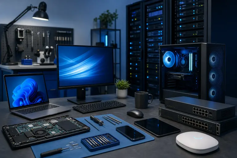 Dark blue IT workspace with laptop, desktop PC, monitor, network switches, Wi-Fi access point, tools, and server racks in background. Dark blue IT workspace with laptop, desktop PC, monitor, network switches, Wi-Fi access point, tools, and server racks in background.