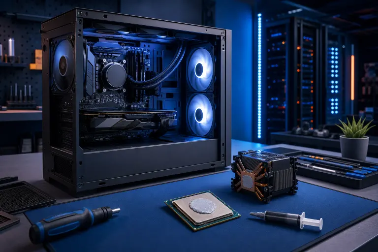 Open gaming PC case with RGB fans beside a CPU with thermal paste, CPU cooler, syringe, and screwdriver on a blue mat Open gaming PC case with RGB fans beside a CPU with thermal paste, CPU cooler, syringe, and screwdriver on a blue mat