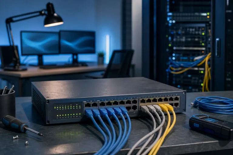A 24-port network switch on a desk with blue, white, and yellow Ethernet cables, screwdriver, cable tester, and server rack behind. A 24-port network switch on a desk with blue, white, and yellow Ethernet cables, screwdriver, cable tester, and server rack behind.