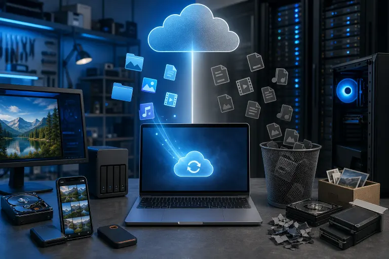 Laptop with cloud sync icon uploads colorful files to cloud; gray files fall into trash bin; HDDs, phone, NAS on dark desk. Laptop with cloud sync icon uploads colorful files to cloud; gray files fall into trash bin; HDDs, phone, NAS on dark desk.