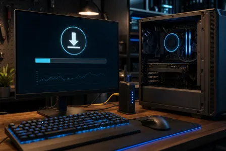 Gaming PC with open case and RGB lighting beside monitor showing download progress bar and network graph, blue-lit keyboard Gaming PC with open case and RGB lighting beside monitor showing download progress bar and network graph, blue-lit keyboard