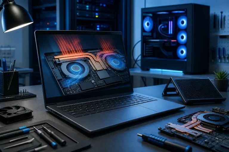 Laptop on a tech workbench displaying a cutaway thermal cooling system with glowing fans and heat pipes, tools nearby. Laptop on a tech workbench displaying a cutaway thermal cooling system with glowing fans and heat pipes, tools nearby.