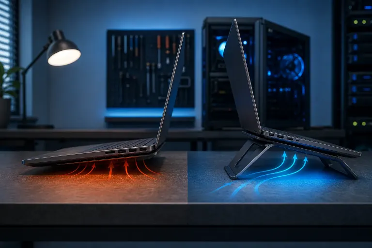 Two laptops side by side: one flat on desk with red heat arrows, one on a stand with blue cool airflow arrows. Two laptops side by side: one flat on desk with red heat arrows, one on a stand with blue cool airflow arrows.