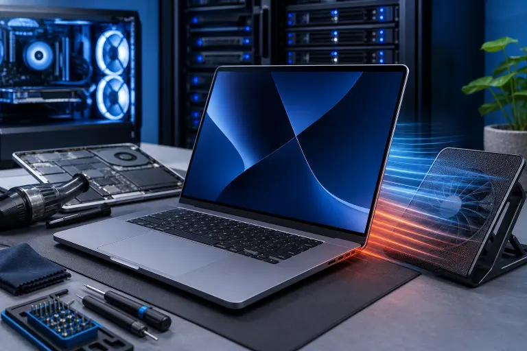 MacBook Pro on desk beside external cooling fan with orange heat rays, repair tools, PC tower, and server rack in background. MacBook Pro on desk beside external cooling fan with orange heat rays, repair tools, PC tower, and server rack in background.