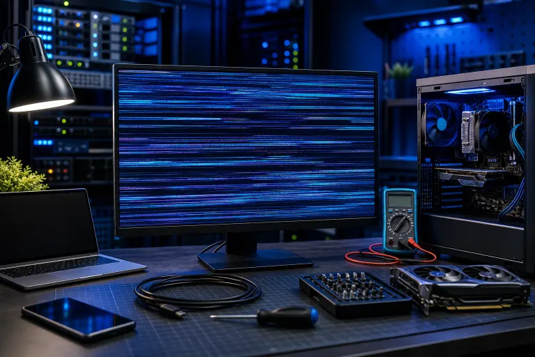 Dark tech workstation with flickering-striped monitor, open PC case, multimeter, GPU, screwdriver set, and laptop under blue lighting Dark tech workstation with flickering-striped monitor, open PC case, multimeter, GPU, screwdriver set, and laptop under blue lighting