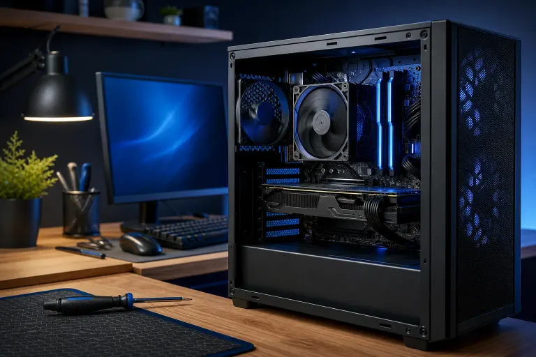 Open-side PC tower with blue RGB RAM and case fans on a desk, screwdriver nearby, monitor and keyboard in background. Open-side PC tower with blue RGB RAM and case fans on a desk, screwdriver nearby, monitor and keyboard in background.