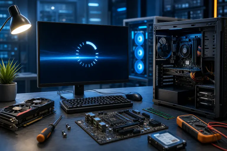 PC workbench with open tower case, monitor showing loading spinner, motherboard, GPU, RAM, and multimeter on desk PC workbench with open tower case, monitor showing loading spinner, motherboard, GPU, RAM, and multimeter on desk
