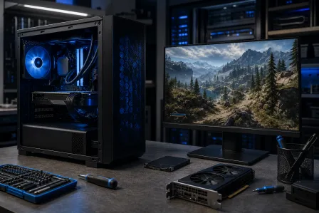Gaming PC with blue liquid cooling beside a monitor showing open-world game; GPU, screwdriver, and tools on workbench. Gaming PC with blue liquid cooling beside a monitor showing open-world game; GPU, screwdriver, and tools on workbench.