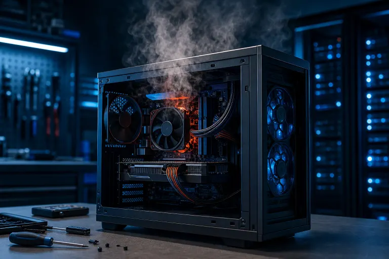 Open-side PC tower with smoke rising and orange glow from components, fans visible, screwdrivers on desk, dark lab setting Open-side PC tower with smoke rising and orange glow from components, fans visible, screwdrivers on desk, dark lab setting