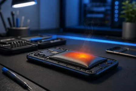 Open smartphone on repair desk showing swollen, glowing battery with smoke rising, surrounded by tools under blue lighting. Open smartphone on repair desk showing swollen, glowing battery with smoke rising, surrounded by tools under blue lighting.