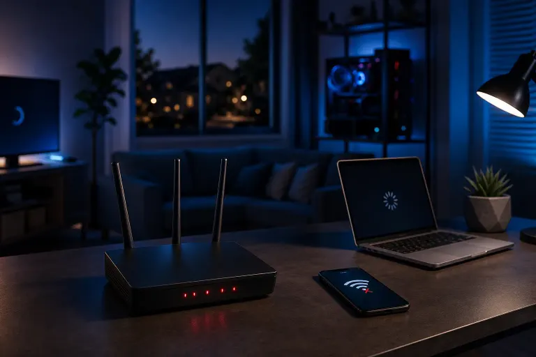 Dark room at night with a router showing red lights, a laptop buffering, and a phone displaying a Wi-Fi disconnected icon. Dark room at night with a router showing red lights, a laptop buffering, and a phone displaying a Wi-Fi disconnected icon.