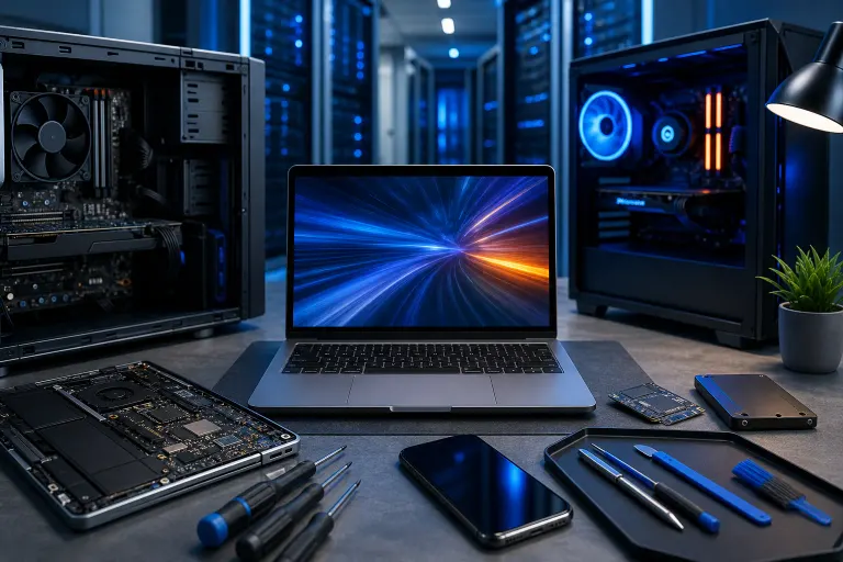 Open laptop, two PC towers, disassembled devices, screwdrivers, SSDs, and repair tools on a tech workbench with blue lighting. Open laptop, two PC towers, disassembled devices, screwdrivers, SSDs, and repair tools on a tech workbench with blue lighting.