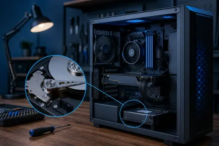 Open PC tower case with a zoomed inset showing internal HDD read/write head, illustrating clicking hard drive cause. Open PC tower case with a zoomed inset showing internal HDD read/write head, illustrating clicking hard drive cause.