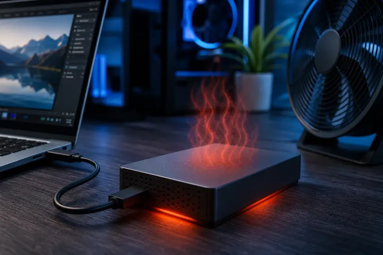 External hard drive glowing red-orange with heat waves rising, connected via USB to a laptop on a dark desk. External hard drive glowing red-orange with heat waves rising, connected via USB to a laptop on a dark desk.