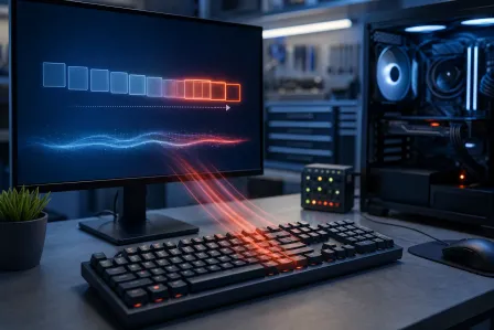 Gaming keyboard with red light beams shooting toward monitor showing a progress-bar lag indicator, beside an open PC tower. Gaming keyboard with red light beams shooting toward monitor showing a progress-bar lag indicator, beside an open PC tower.