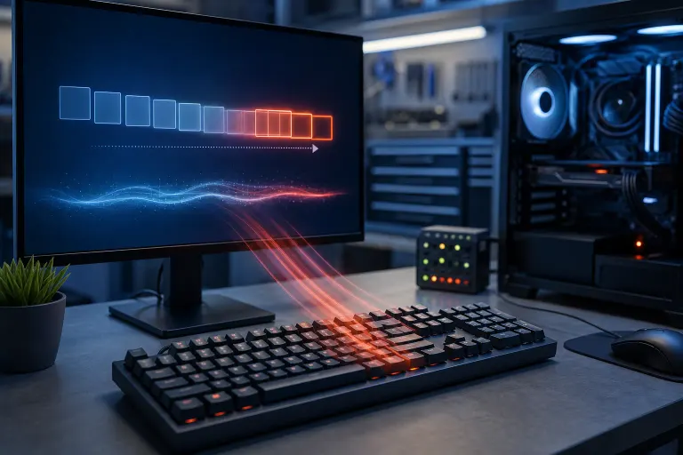 Gaming keyboard with red light beams shooting toward monitor showing a progress-bar lag indicator, beside an open PC tower. Gaming keyboard with red light beams shooting toward monitor showing a progress-bar lag indicator, beside an open PC tower.