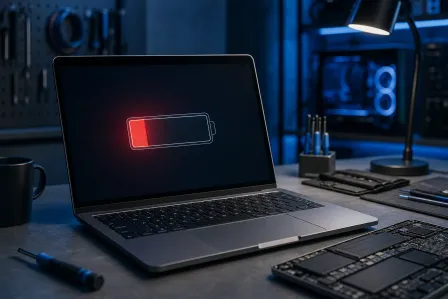 Laptop displaying a low battery icon on a dark repair workbench surrounded by tools, circuit boards, and screwdrivers. Laptop displaying a low battery icon on a dark repair workbench surrounded by tools, circuit boards, and screwdrivers.