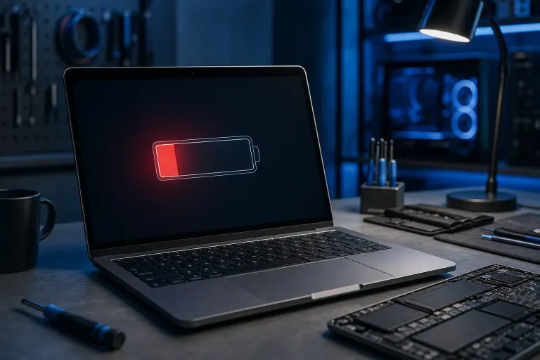 Laptop displaying a low battery icon on a dark repair workbench surrounded by tools, circuit boards, and screwdrivers. Laptop displaying a low battery icon on a dark repair workbench surrounded by tools, circuit boards, and screwdrivers.