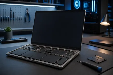 Disassembled laptop with exposed internals on a dark workbench, screwdriver nearby, tools on pegboard in background. Disassembled laptop with exposed internals on a dark workbench, screwdriver nearby, tools on pegboard in background.
