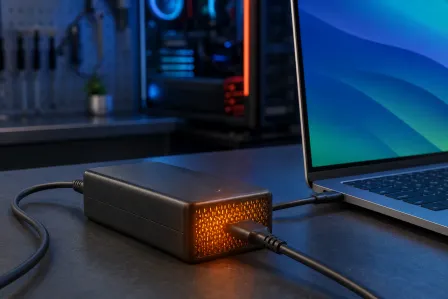 A black laptop charger with glowing orange ventilation grill connected to a MacBook on a dark desk near a gaming PC. A black laptop charger with glowing orange ventilation grill connected to a MacBook on a dark desk near a gaming PC.