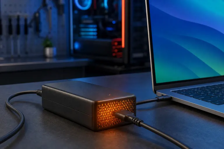 A black laptop charger with glowing orange ventilation grill connected to a MacBook on a dark desk near a gaming PC. A black laptop charger with glowing orange ventilation grill connected to a MacBook on a dark desk near a gaming PC.