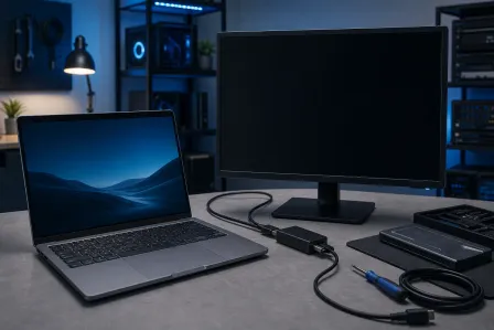 Laptop connected via cable to a dark external monitor on a desk, with USB hub and cables nearby in a dim blue-lit workspace. Laptop connected via cable to a dark external monitor on a desk, with USB hub and cables nearby in a dim blue-lit workspace.