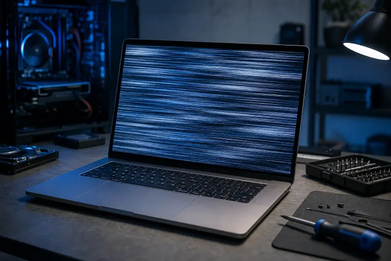 MacBook laptop with horizontal flickering lines on screen, repair tools and screwdrivers nearby on a dark workbench MacBook laptop with horizontal flickering lines on screen, repair tools and screwdrivers nearby on a dark workbench