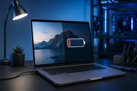 MacBook on dark desk showing low battery icon overlay on mountain wallpaper, with desk lamp, plant, and RGB PC in background. MacBook on dark desk showing low battery icon overlay on mountain wallpaper, with desk lamp, plant, and RGB PC in background.