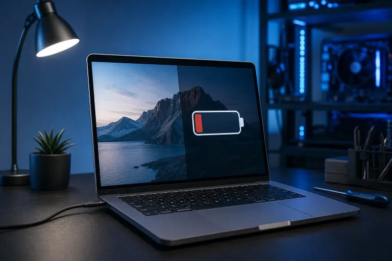 MacBook on dark desk showing low battery icon overlay on mountain wallpaper, with desk lamp, plant, and RGB PC in background. MacBook on dark desk showing low battery icon overlay on mountain wallpaper, with desk lamp, plant, and RGB PC in background.
