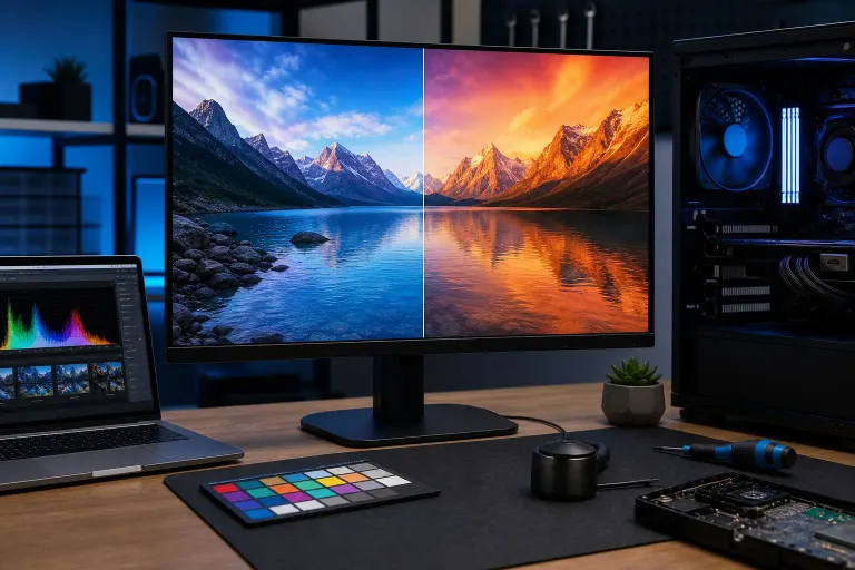 Monitor showing split-screen color comparison of mountain lake scene, beside a laptop with histogram, color checker, and PC tower. Monitor showing split-screen color comparison of mountain lake scene, beside a laptop with histogram, color checker, and PC tower.