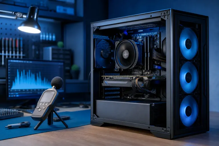 Open-side PC tower with blue RGB fans and CPU cooler on a desk, beside a sound level meter and monitor showing audio waveforms. Open-side PC tower with blue RGB fans and CPU cooler on a desk, beside a sound level meter and monitor showing audio waveforms.