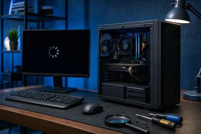 Open PC tower with visible components and RGB RAM on a desk beside a monitor showing a loading spinner, with repair tools nearby. Open PC tower with visible components and RGB RAM on a desk beside a monitor showing a loading spinner, with repair tools nearby.