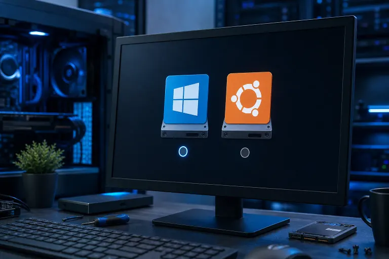 Monitor displaying Windows and Ubuntu OS icons on drive graphics, suggesting dual-boot setup, on a dark tech desk Monitor displaying Windows and Ubuntu OS icons on drive graphics, suggesting dual-boot setup, on a dark tech desk