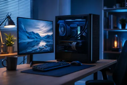A gaming PC with tempered glass side panel glowing blue, beside a monitor showing a mountain wallpaper, on a dark desk. A gaming PC with tempered glass side panel glowing blue, beside a monitor showing a mountain wallpaper, on a dark desk.