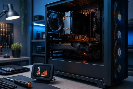 Open PC tower with CPU cooler and GPU on a workbench beside a small temperature/performance monitor display and screwdriver. Open PC tower with CPU cooler and GPU on a workbench beside a small temperature/performance monitor display and screwdriver.